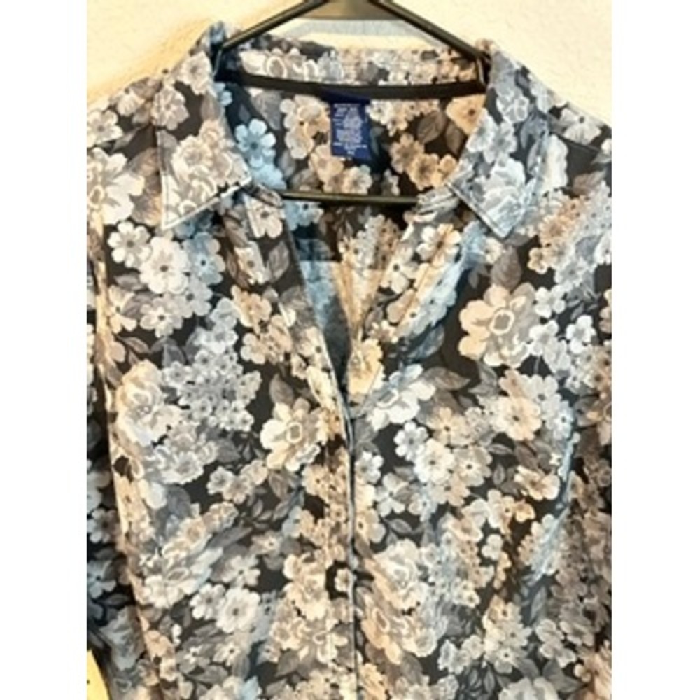 Basic Editions Floral Button Down Women XL Black White Excellent 3/4 Sleeve Top